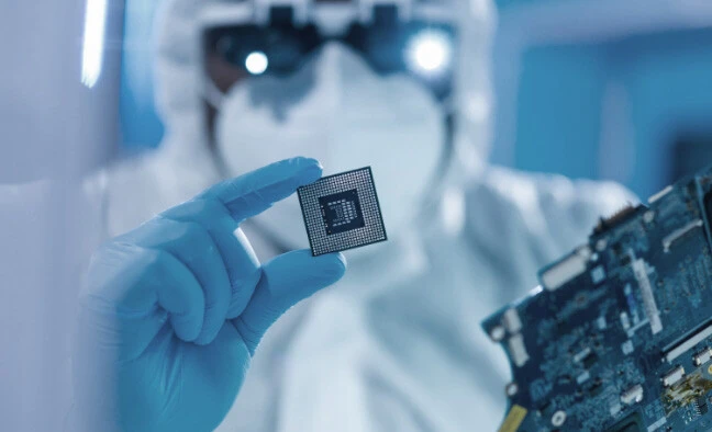 Ein Techniker in Schutzkleidung hält einen Mikroprozessor in der Hand, während er neben einer Leiterplatte steht.